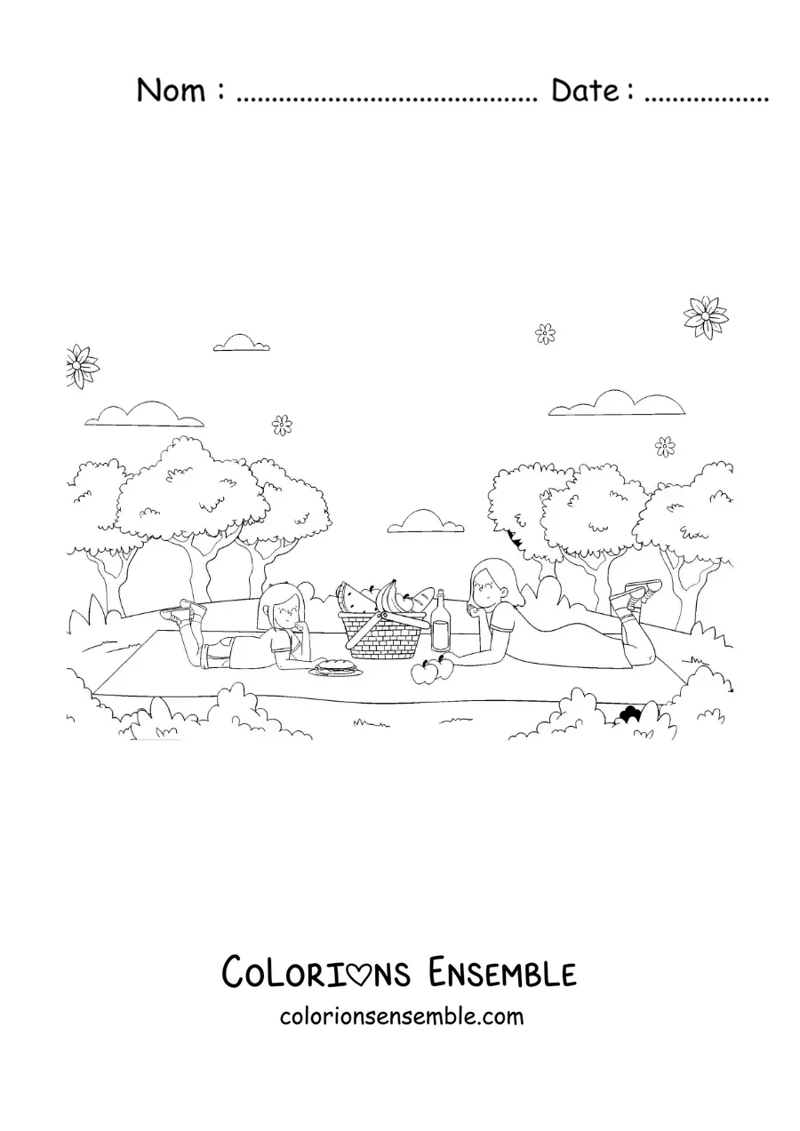 Image à colorier d'une maman et de sa fille allongées lors d'un pique-nique au parc
