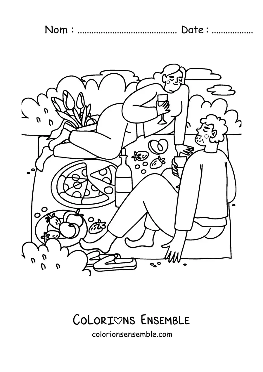 Image à colorier d'un couple qui mange de la pizza lors d'un pique-nique