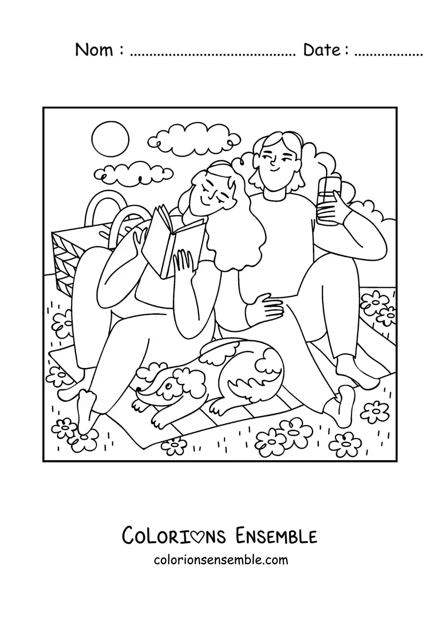 Image à colorier d'un couple qui lit lors d'un pique-nique avec son chien