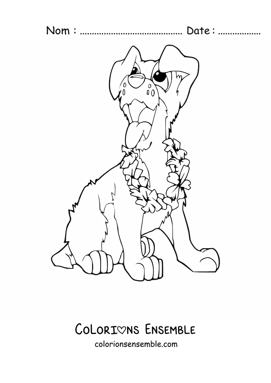Image à colorier d’un chien assis portant un collier de fleurs