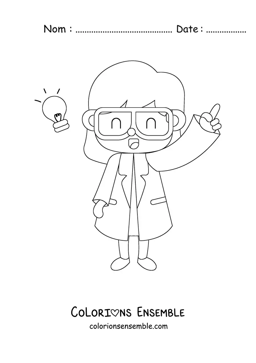 Image à colorier d'une femme scientifique kawaii en blouse de laboratoire