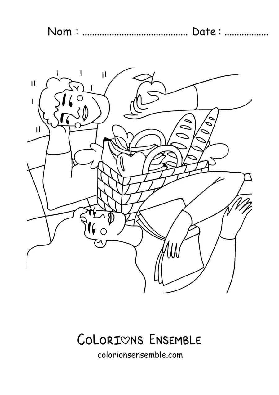 Image à colorier d'un couple d'amoureux qui lit et qui mange lors d'un pique-nique