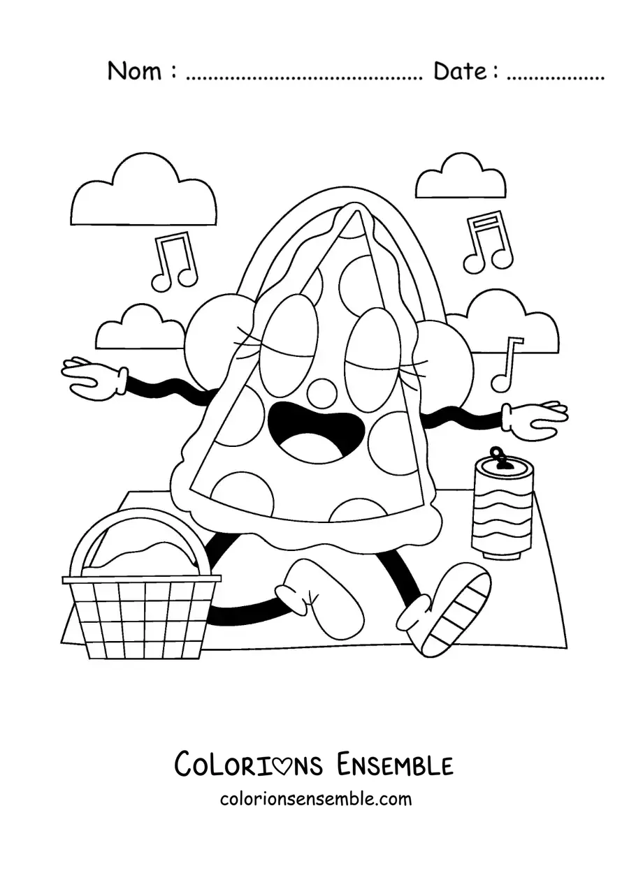 Image à colorier d'une part de pizza dessinée lors d'un pique-nique