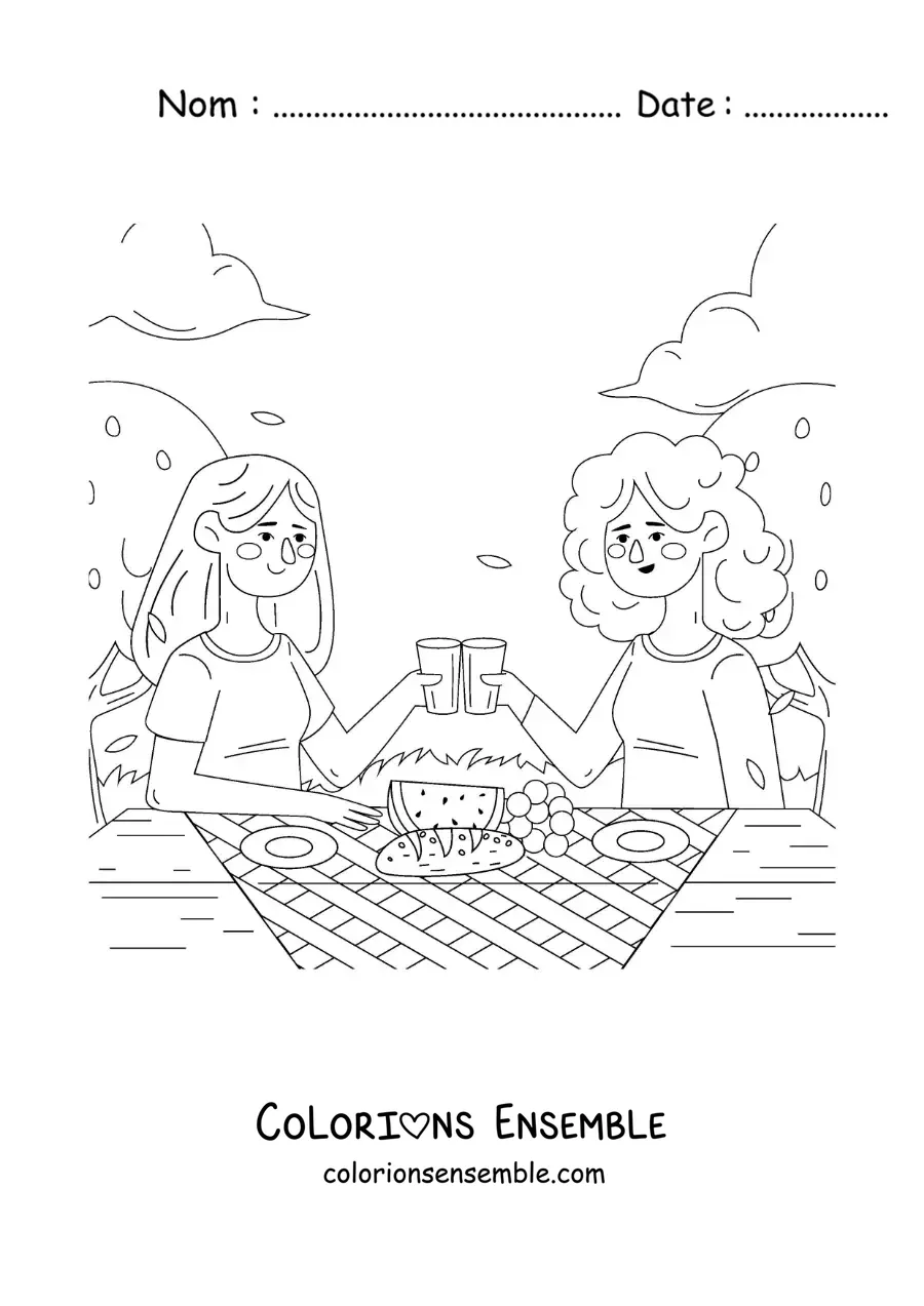 Image à colorier de deux filles qui trinquent à une table lors d'un pique-nique