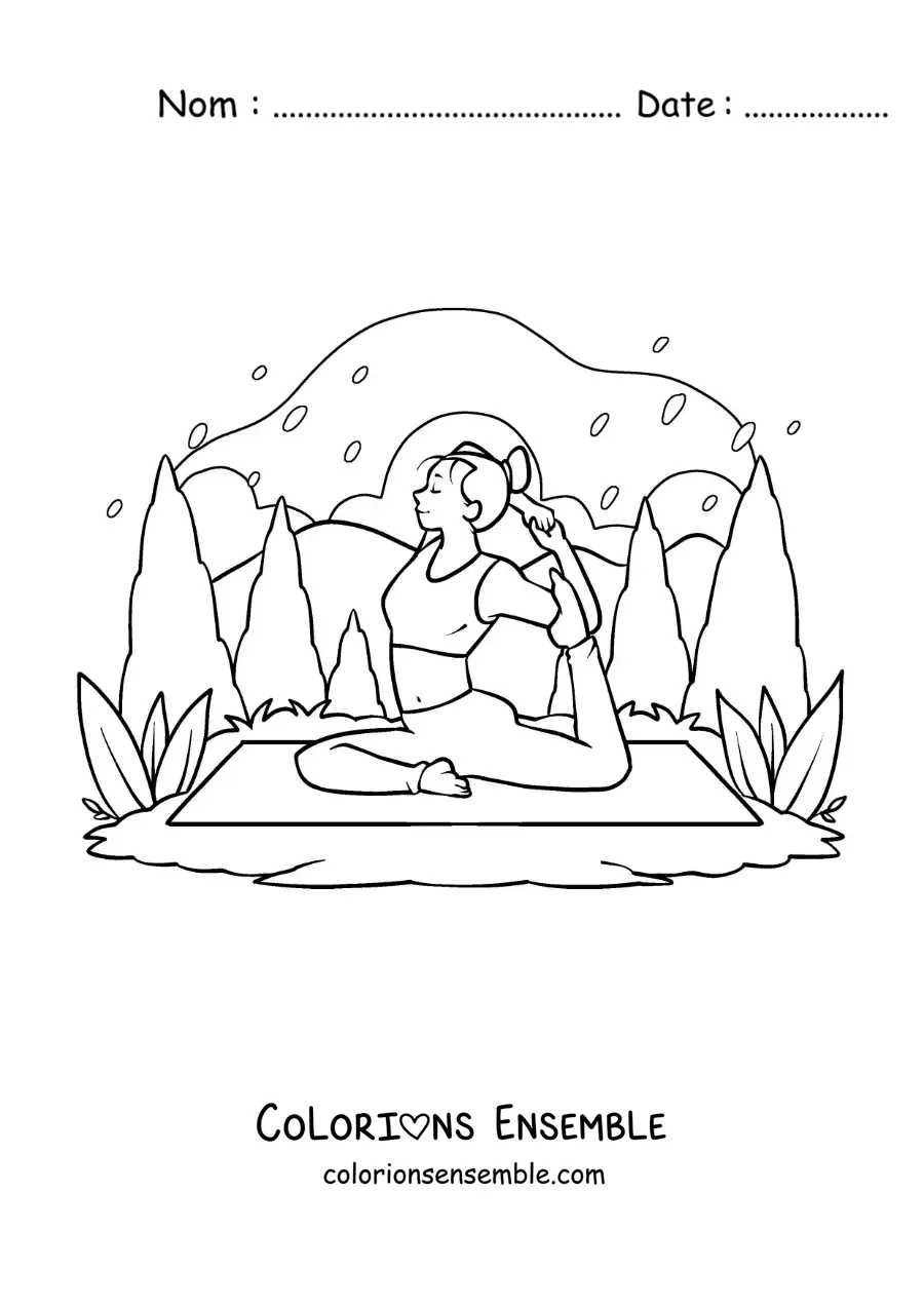 Image à colorier d'une fille qui pratique le yoga en pleine nature