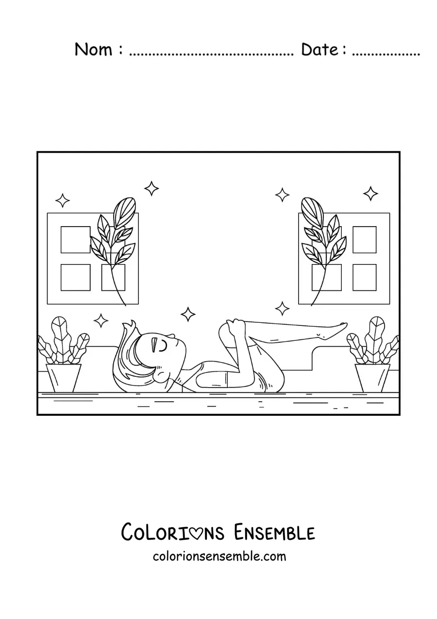 Image à colorier d'un garçon qui pratique le yoga à la maison