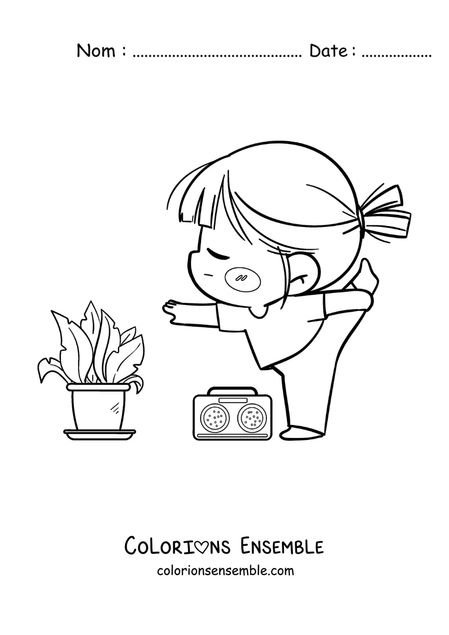 Image à colorier d'une fille kawaii qui fait du yoga en musique