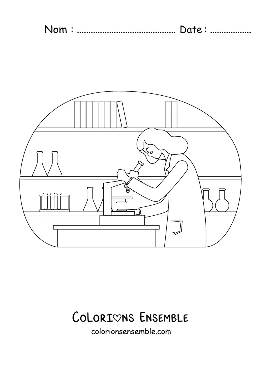 Image à colorier d'une femme scientifique dans un laboratoire