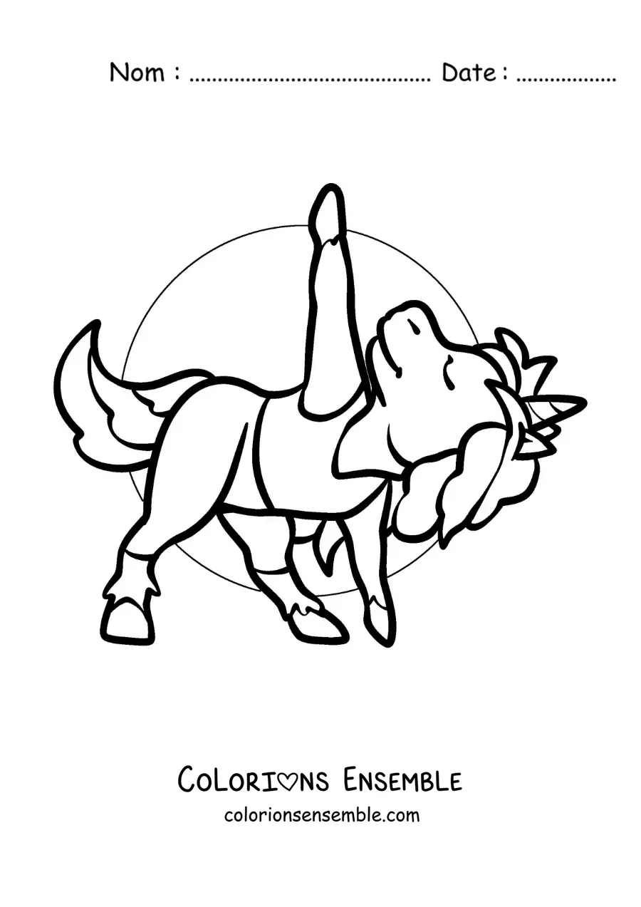 Image à colorier d'une licorne dessinée dans la posture du triangle étendu