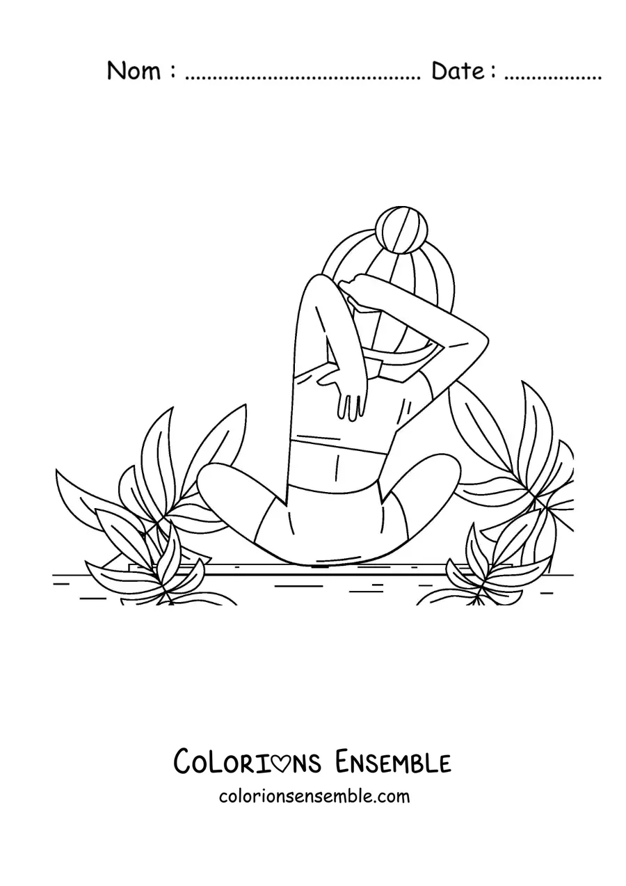 Image à colorier d'une fille qui fait un étirement de yoga