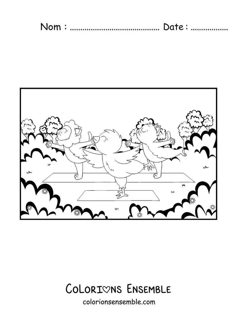 Image à colorier d'animaux dessinés qui pratiquent le yoga