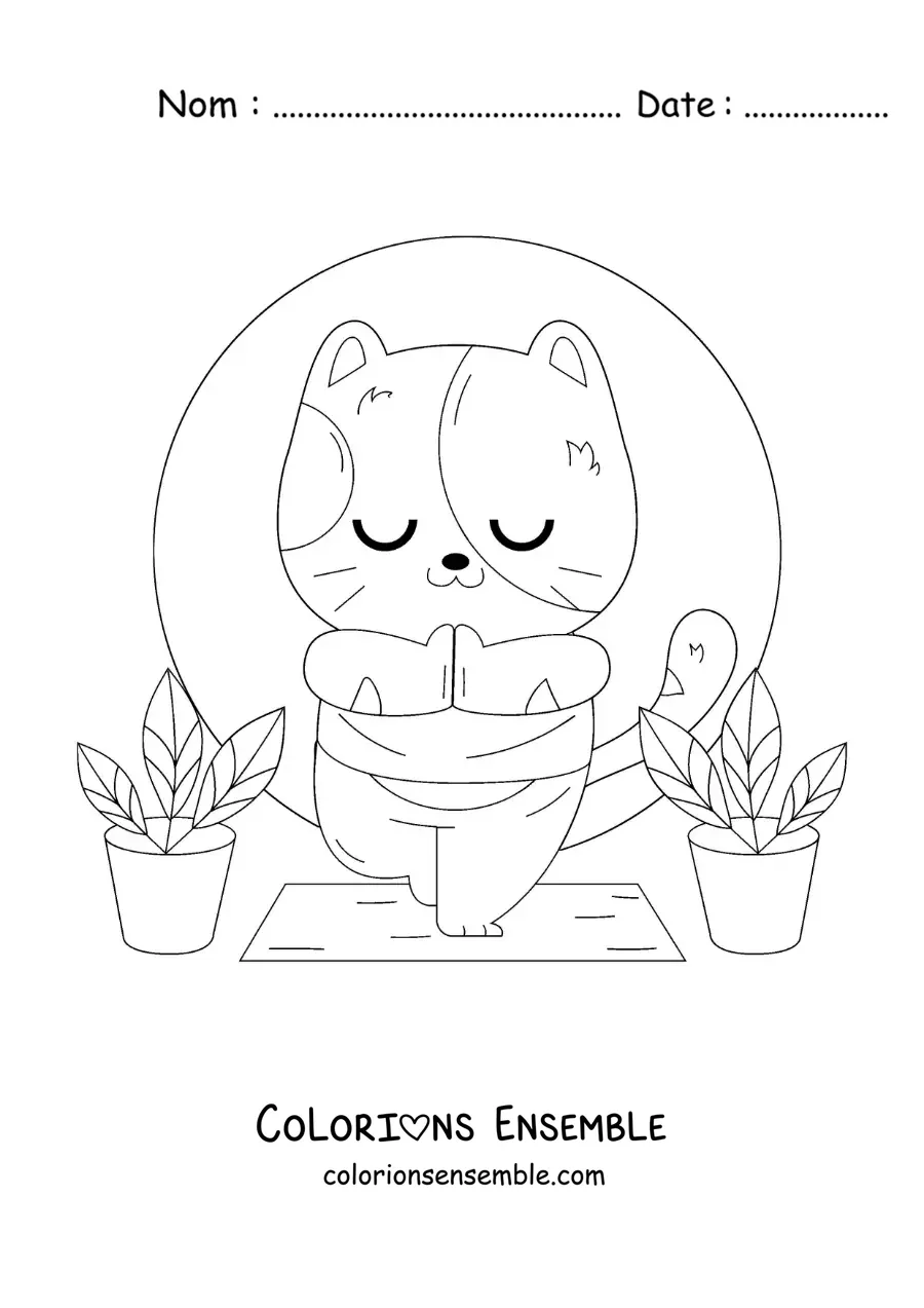Image à colorier d'un chat dessiné qui pratique le yoga dans la posture de l'arbre