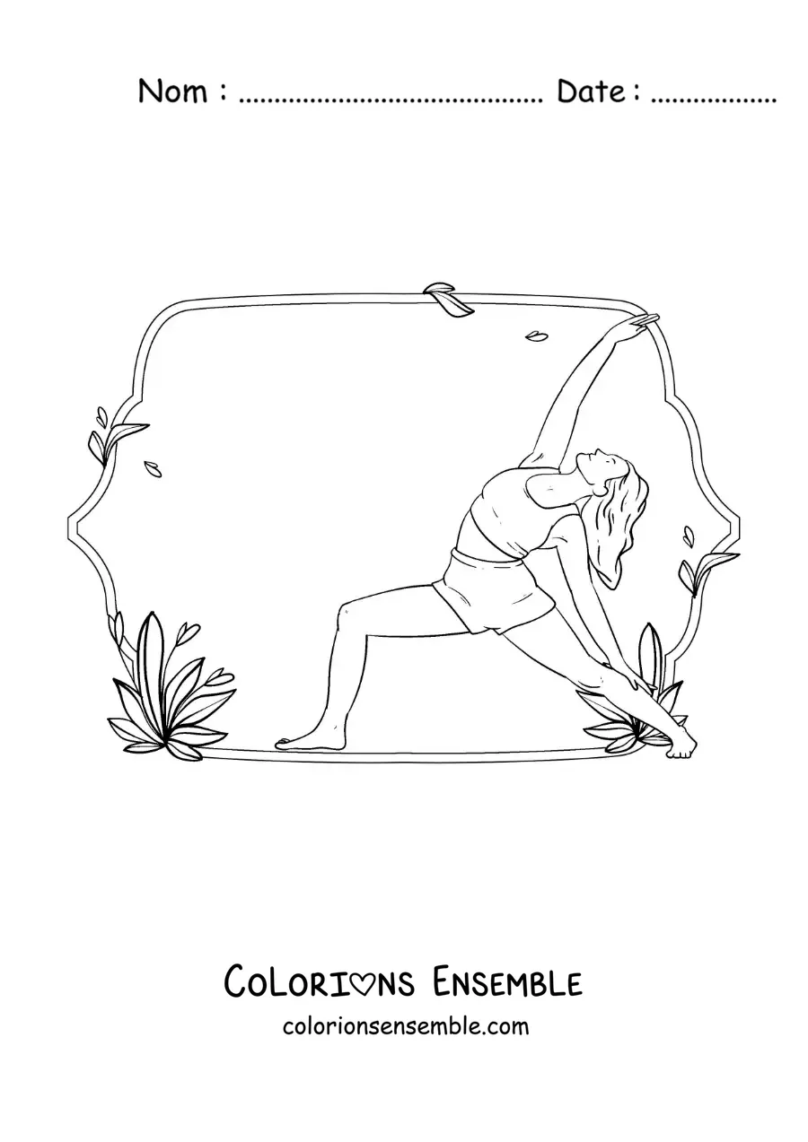 Image à colorier d'une femme qui pratique le yoga dans la posture du guerrier pacifique