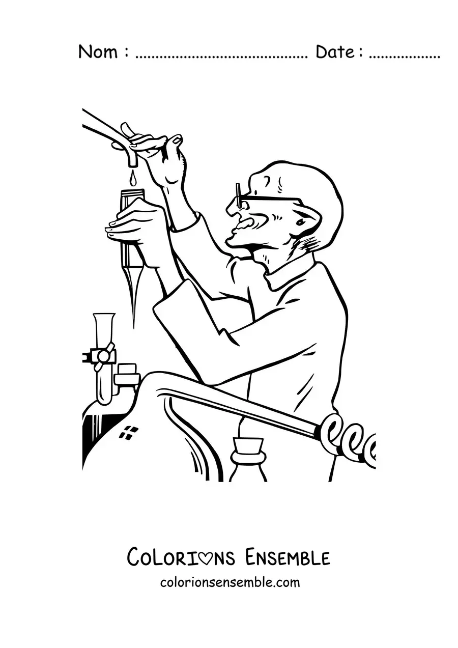 Image à colorier d'un scientifique réalisant une expérience de chimie