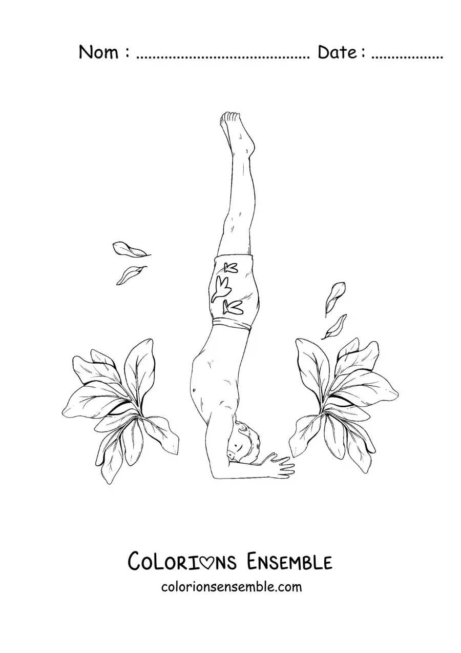 Image à colorier d'un garçon qui pratique le yoga dans une posture sur la tête