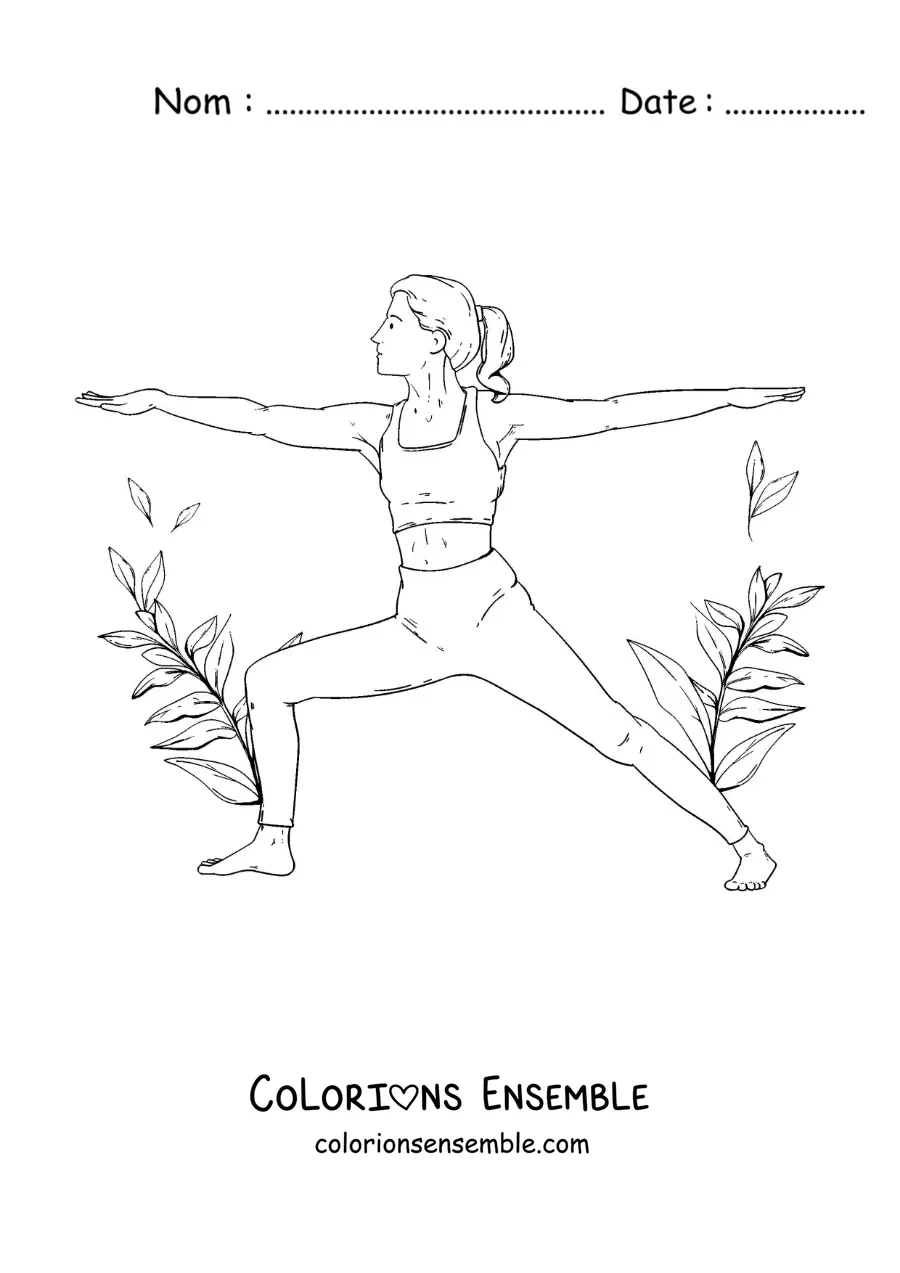 Image à colorier d'une femme qui fait la posture du guerrier 2