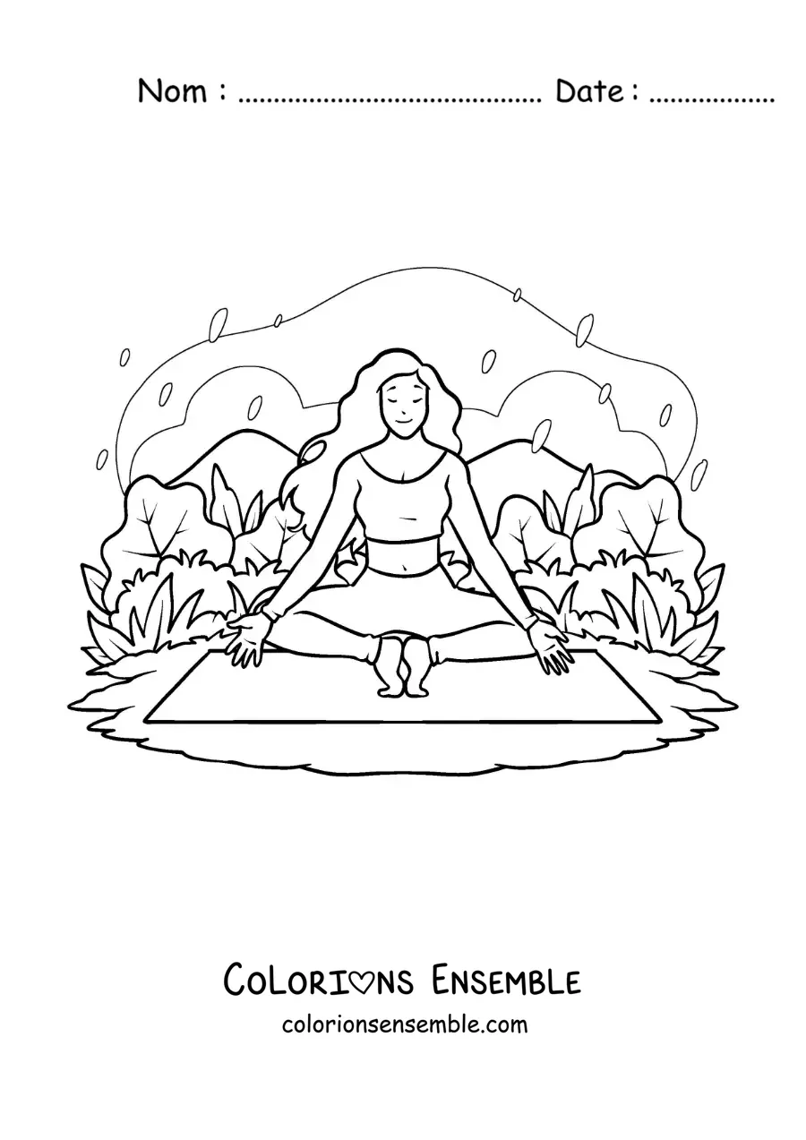 Image à colorier d'une fille qui médite sur un tapis de yoga au parc