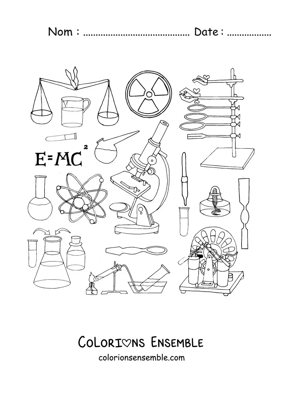 Image à colorier de plusieurs instruments de laboratoire scientifique