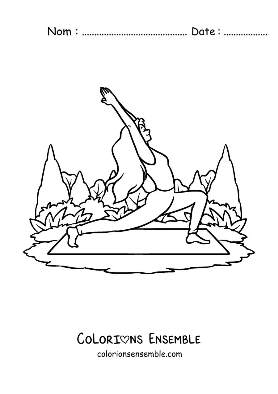 Image à colorier d'une fille qui pratique le yoga sur un tapis au parc