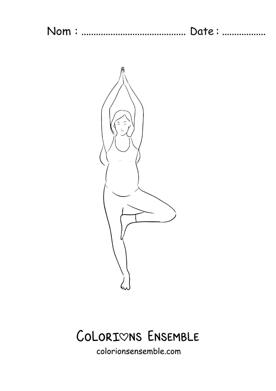 Image à colorier d'une femme enceinte qui fait la posture de l'arbre en yoga