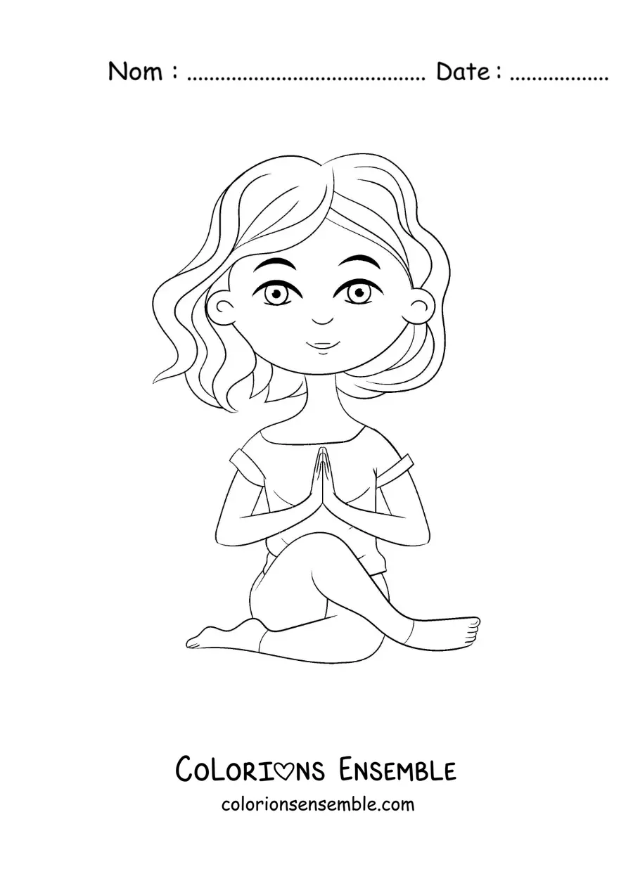 Image à colorier d'une fille dessinée qui fait la posture du nœud en yoga