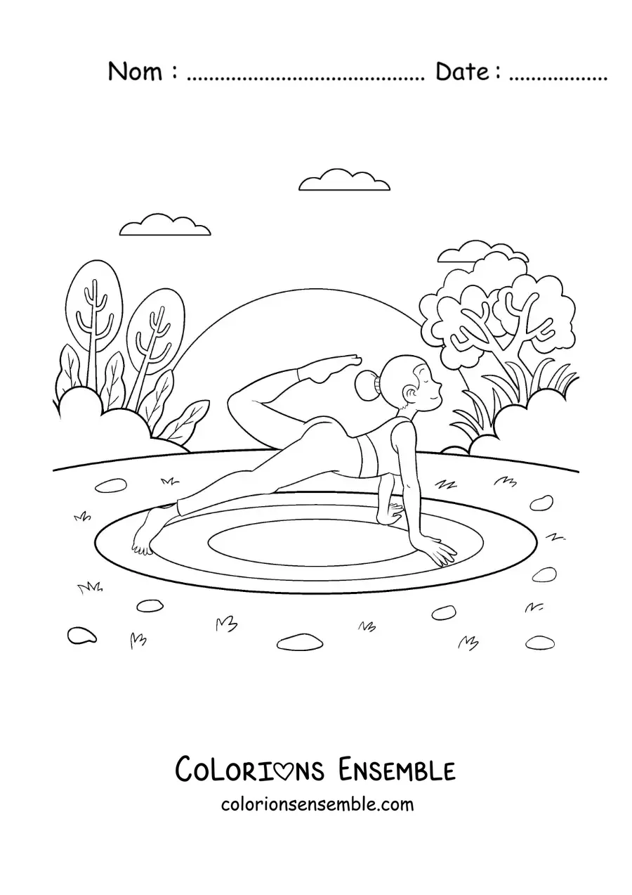 Image à colorier d'une femme qui pratique le yoga au parc