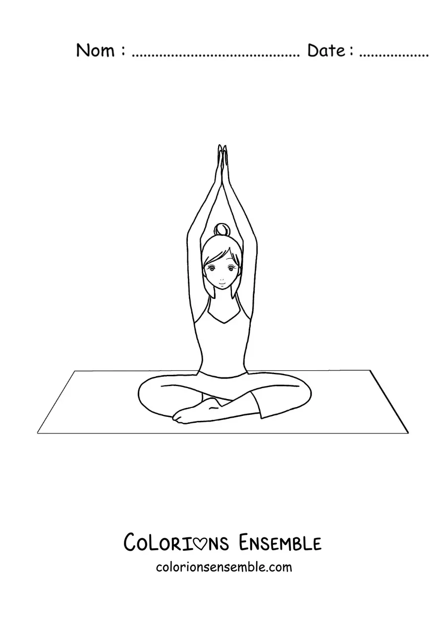 Image à colorier d'une fille qui s'étire sur un tapis de yoga