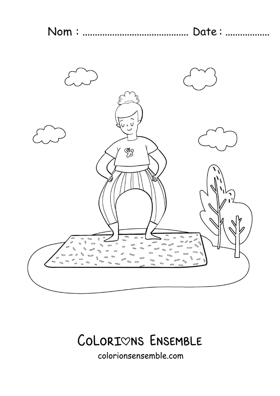 Image à colorier d'une femme qui fait du yoga dans un parc