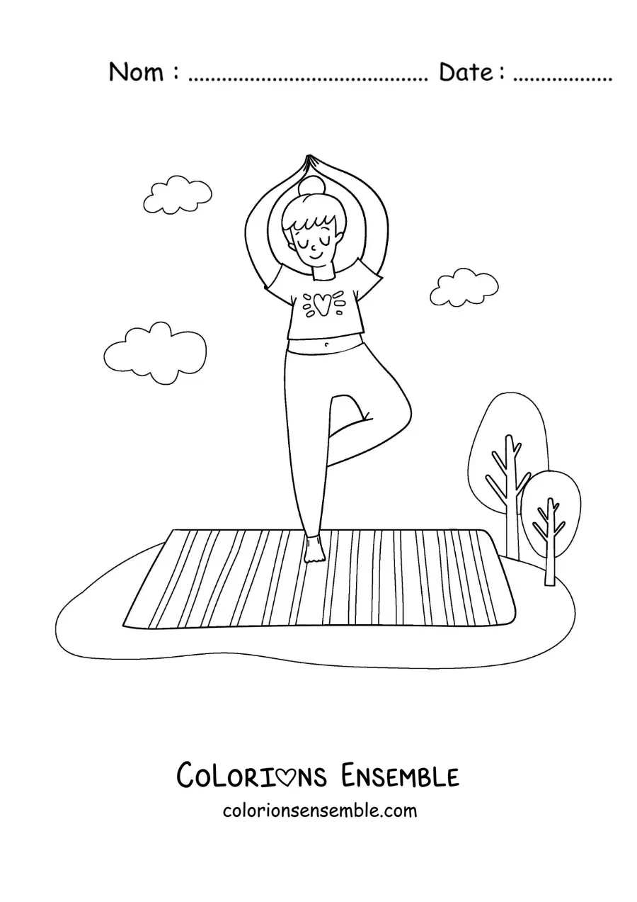 Image à colorier d'une femme qui fait la posture de l'arbre dans un parc