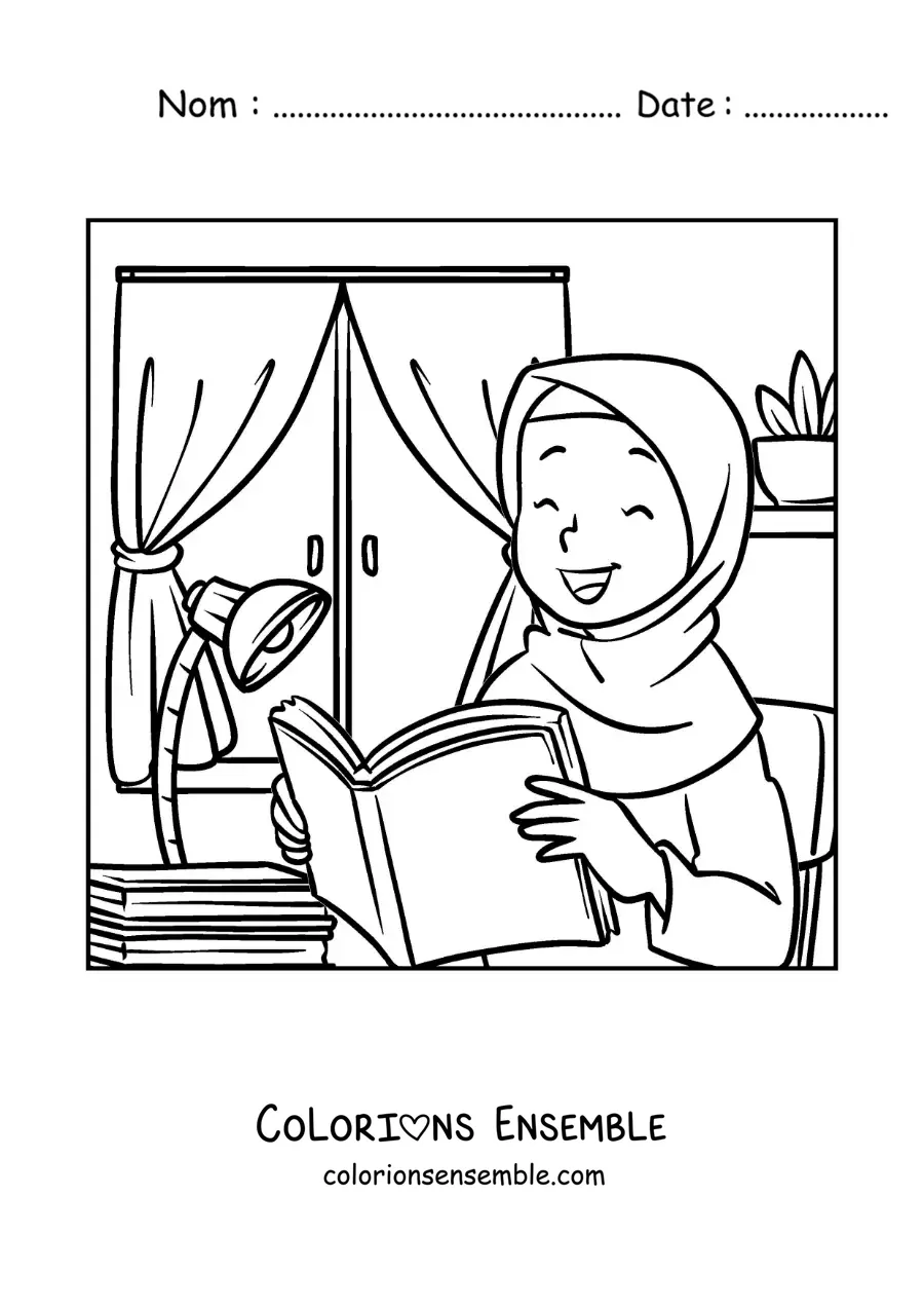 Image à colorier d'une fille qui porte un hijab et qui lit un livre dans sa chambre