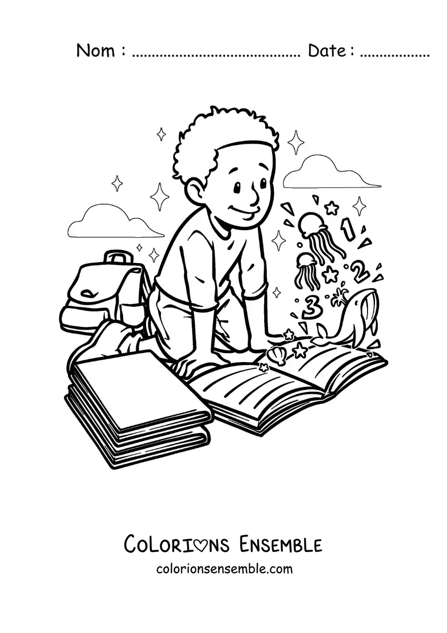 Image à colorier d'un garçon qui lit un livre sur les animaux marins qui prend vie