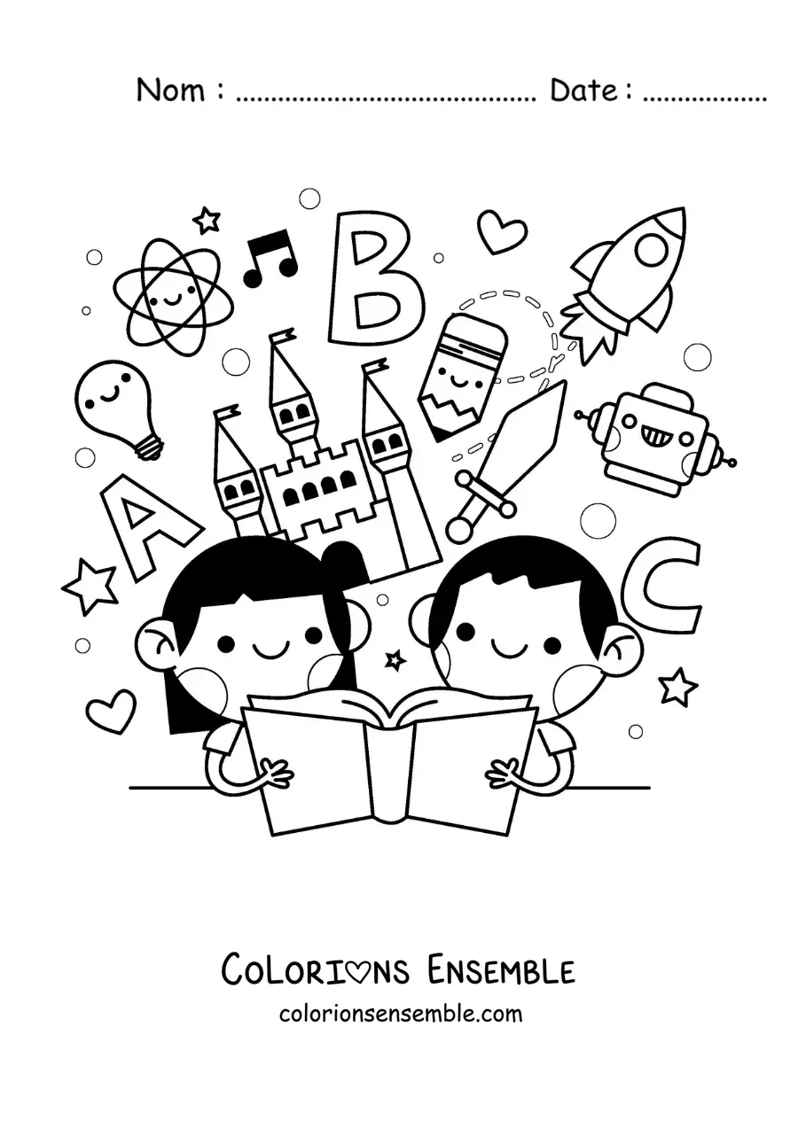 Image à colorier de deux enfants qui lisent un livre rempli de dessins