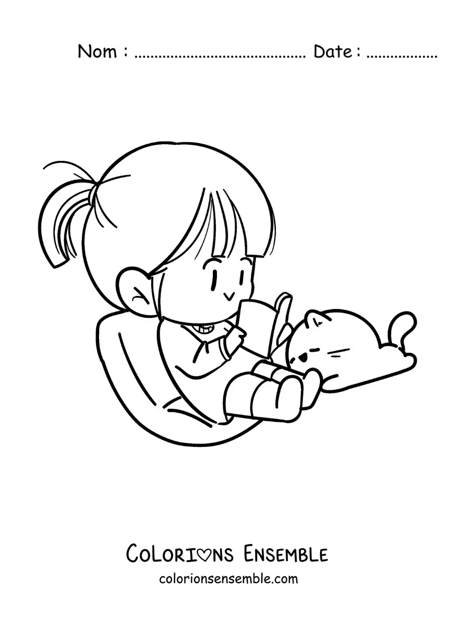 Image à colorier d'une fille kawaii assise qui lit un livre à côté de son chat