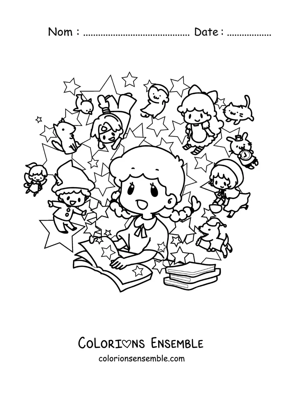 Image à colorier d'une fille kawaii qui lit un livre dont les personnages dessinés prennent vie