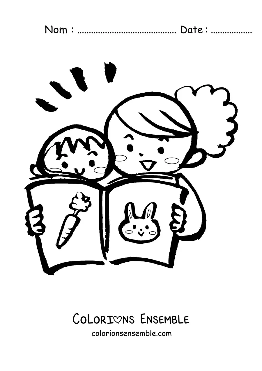 Image à colorier d'une maman qui lit une histoire avec son enfant