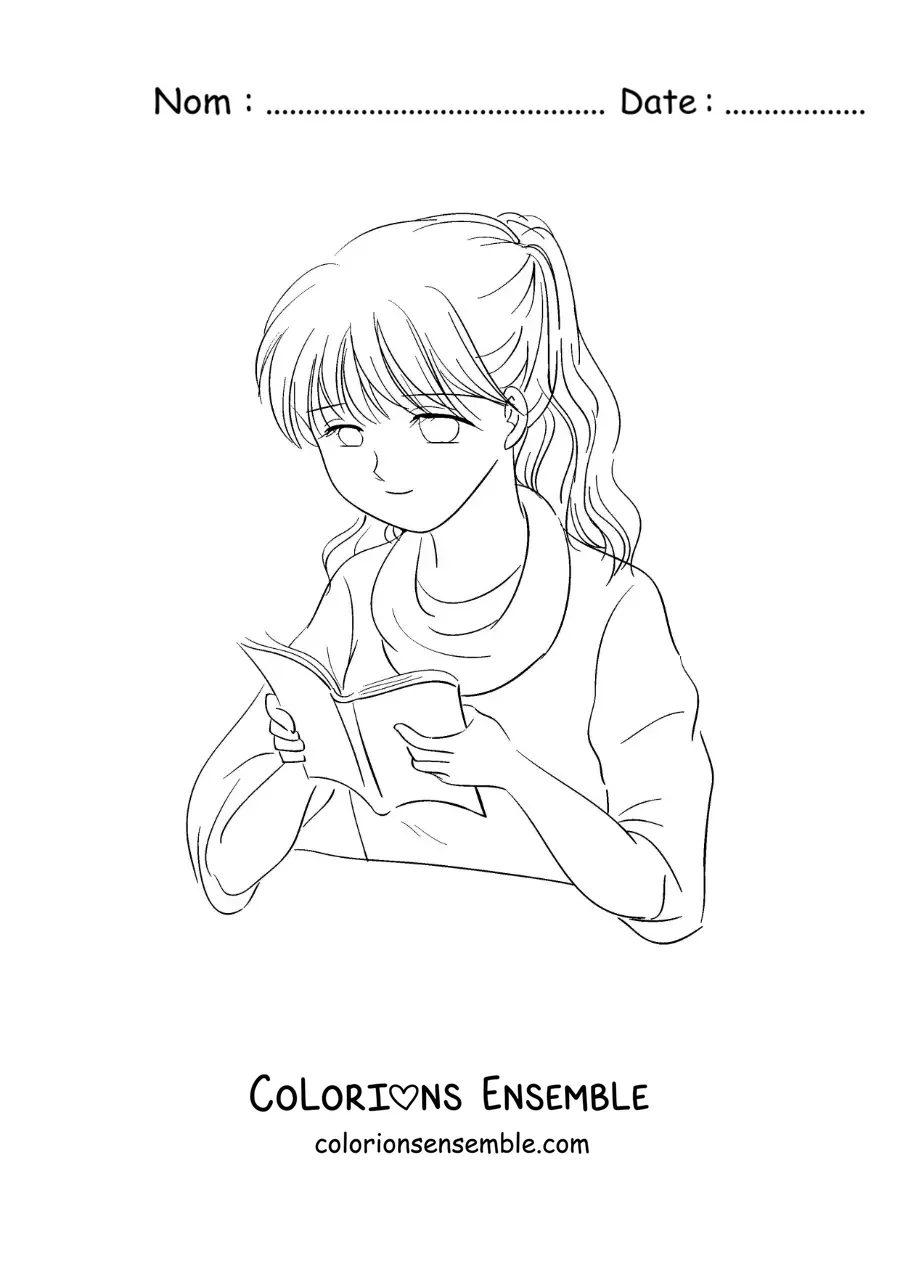 Image à colorier d'une fille de style anime qui lit un livre