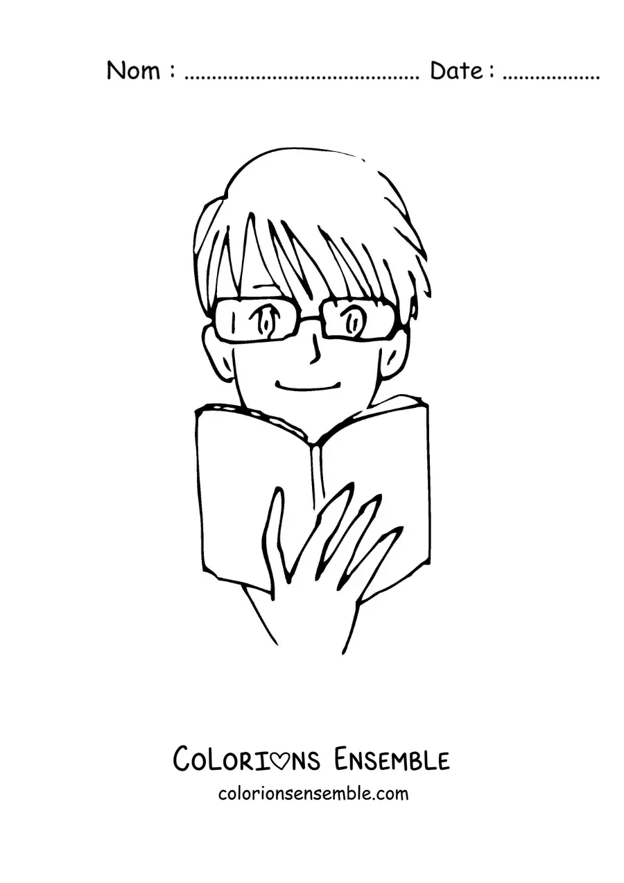 Image à colorier d'un garçon de style anime qui lit un livre