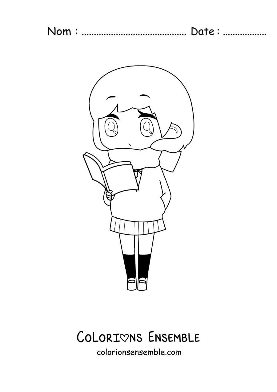 Image à colorier d'une fille kawaii de style chibi qui lit un livre