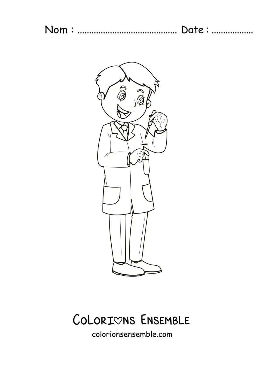 Image à colorier d'un scientifique animé réalisant une expérience dans une éprouvette