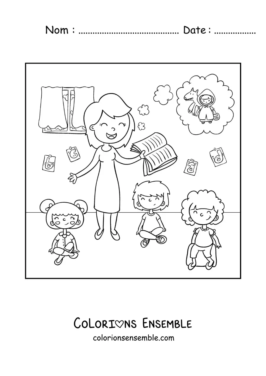 Image à colorier d'une maîtresse qui lit une histoire à ses élèves en classe