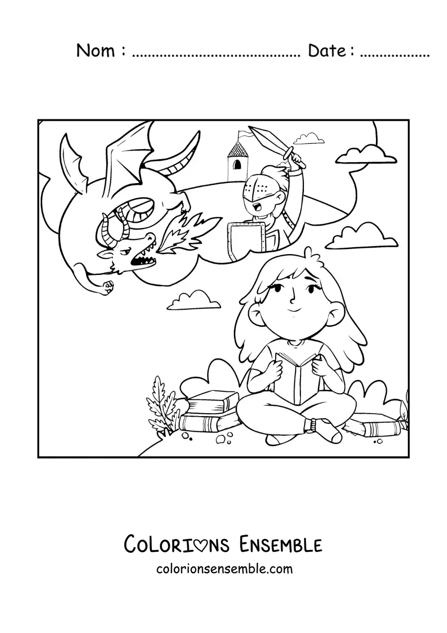 Image à colorier d'une fille qui lit un conte fantastique et qui imagine les dragons