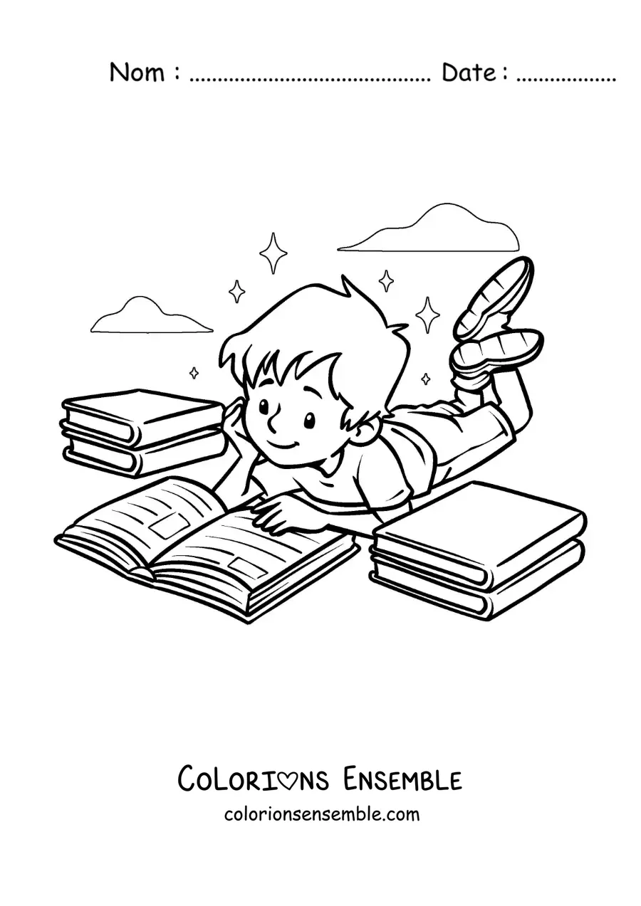 Image à colorier d'un garçon allongé qui lit un livre