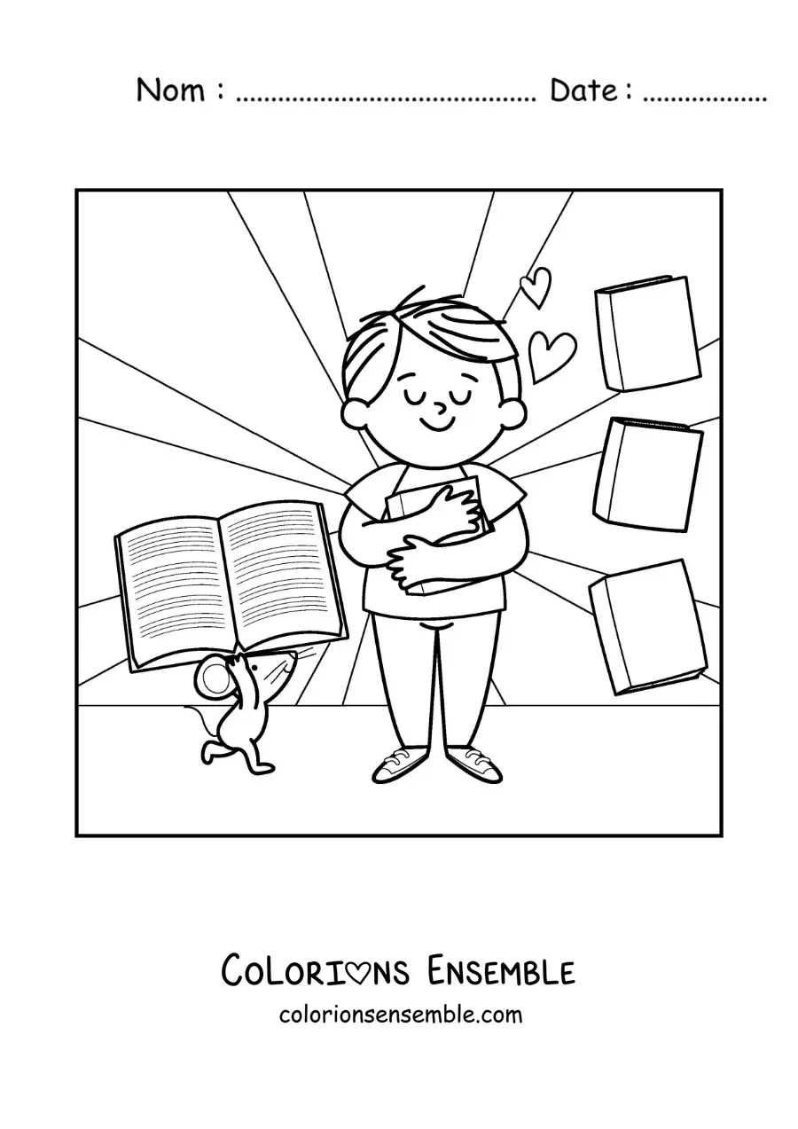 Image à colorier d'un garçon qui serre un livre dans ses bras à côté d'une petite souris dessinée qui lui apporte d'autres livres