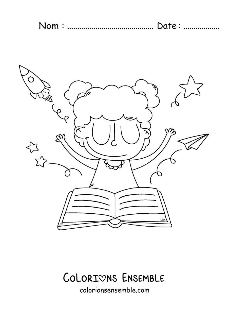 Image à colorier d’une fille devant un livre ouvert qui laisse libre cours à son imagination