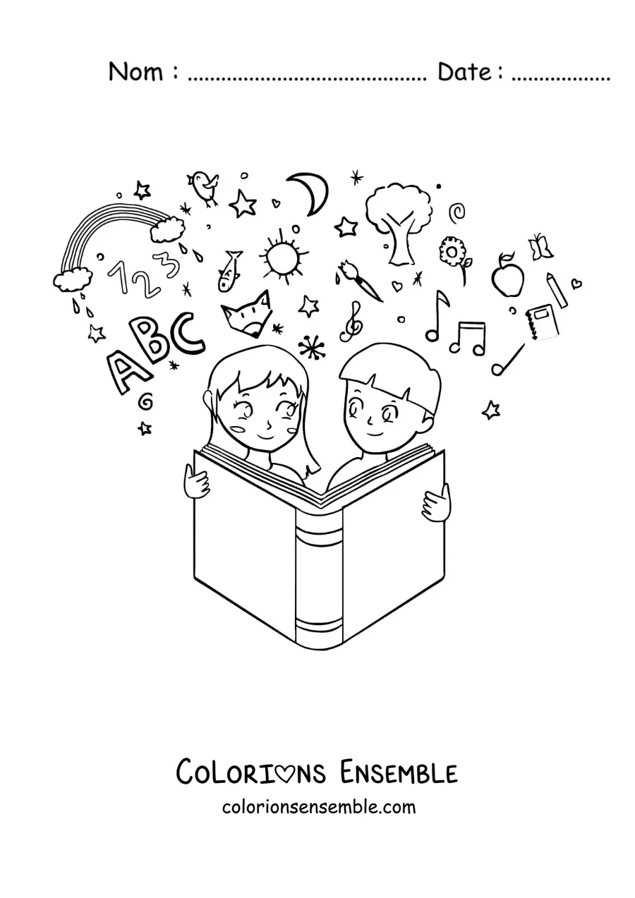 Image à colorier de deux enfants lisant un livre pour apprendre