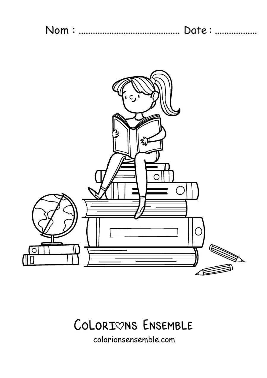 Image à colorier d’une fille assise sur une pile de livres en train de lire