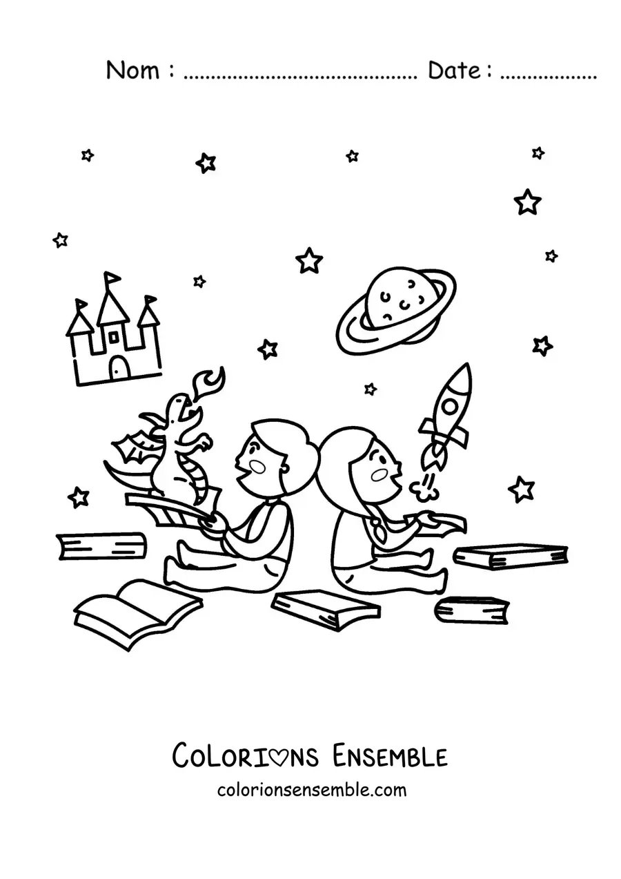 Image à colorier de deux enfants assis avec des livres ouverts qui prennent vie