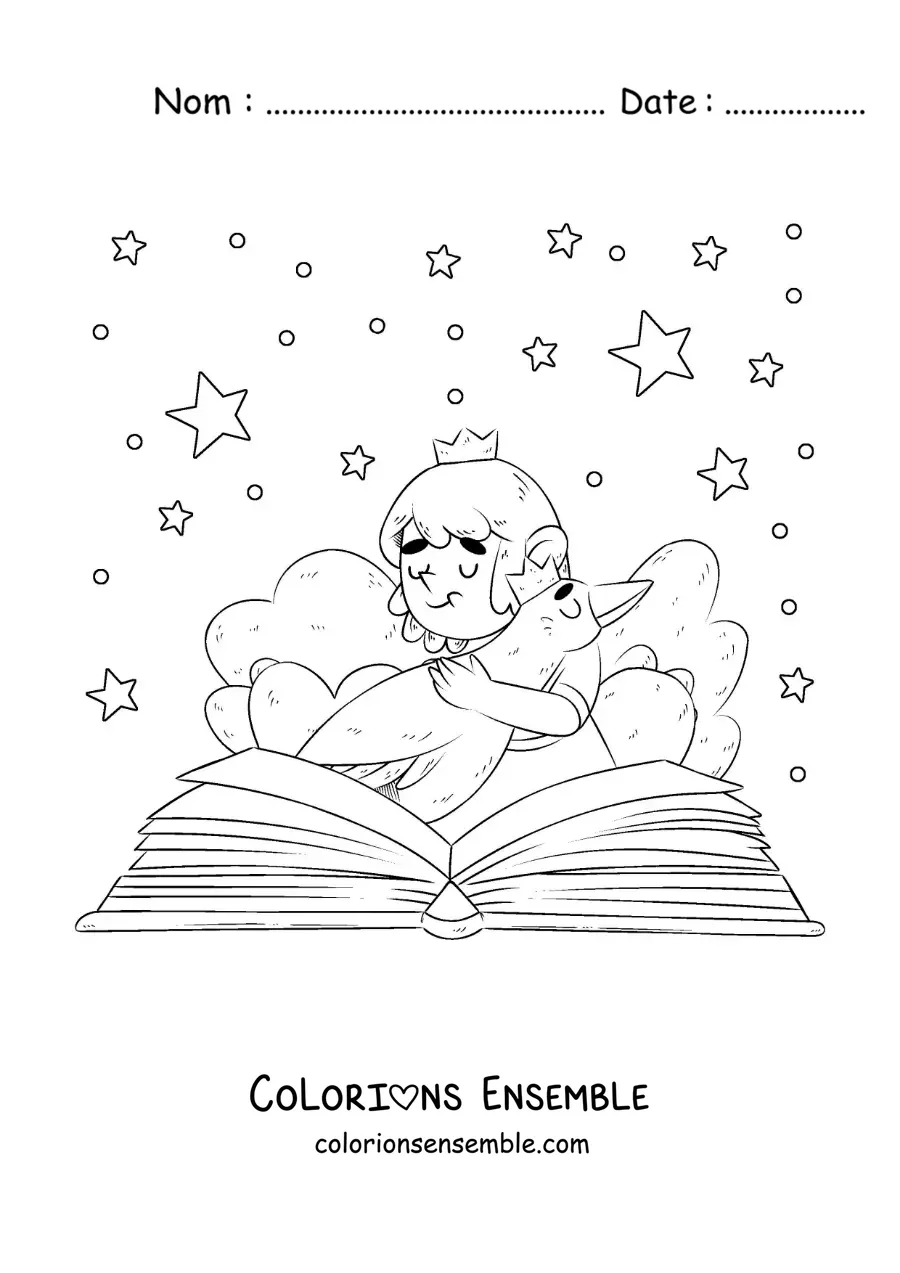 Image à colorier d’une princesse serrant une oie qui sort d’un livre ouvert