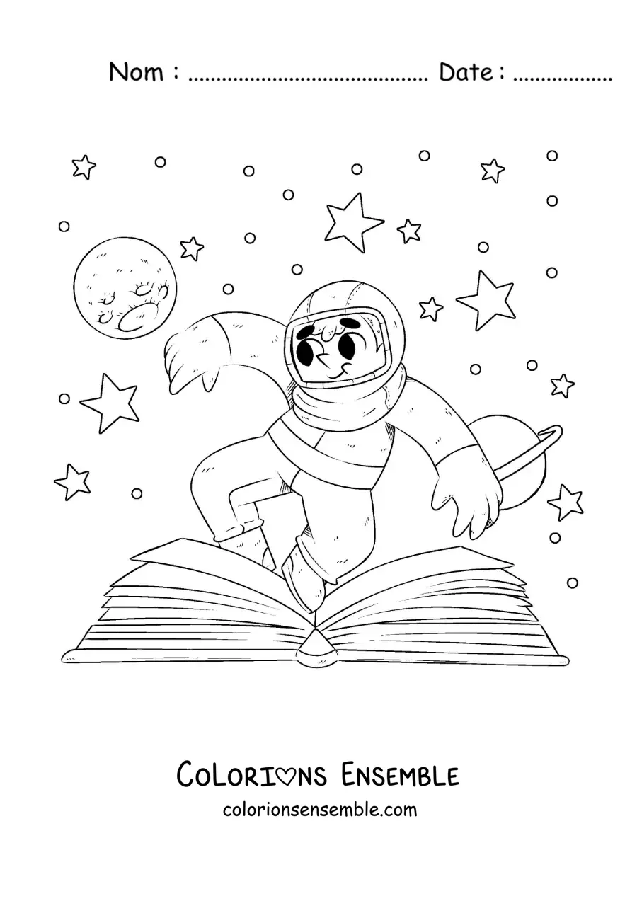 Image à colorier d’un astronaute dans l’espace qui sort d’un livre ouvert