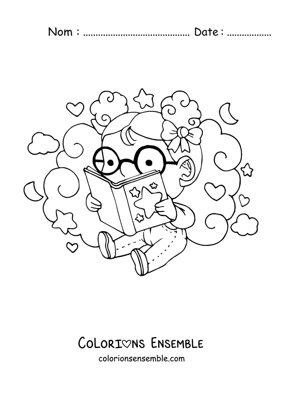 Image à colorier d’une fille à lunettes assise en train de lire